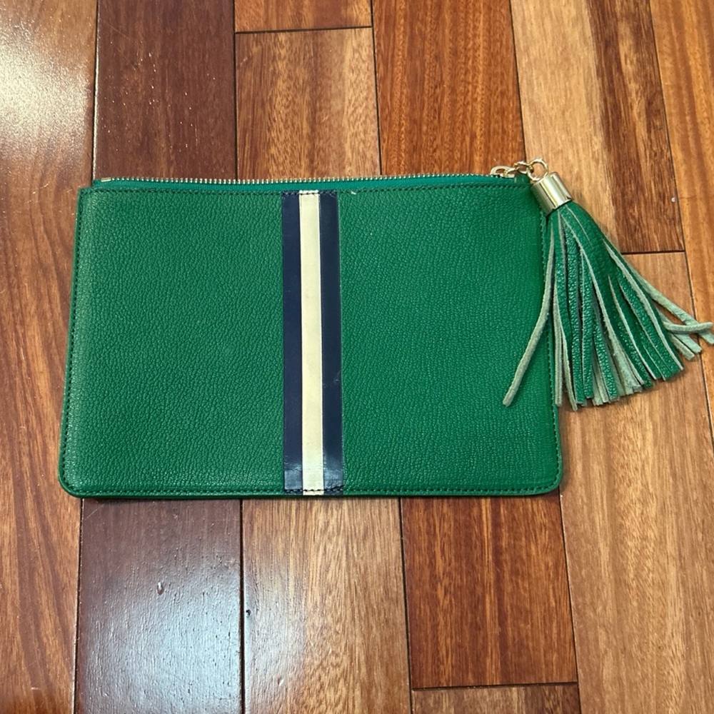 Vintage Green leather Clutch with Tassel and Navy Gold Stripe